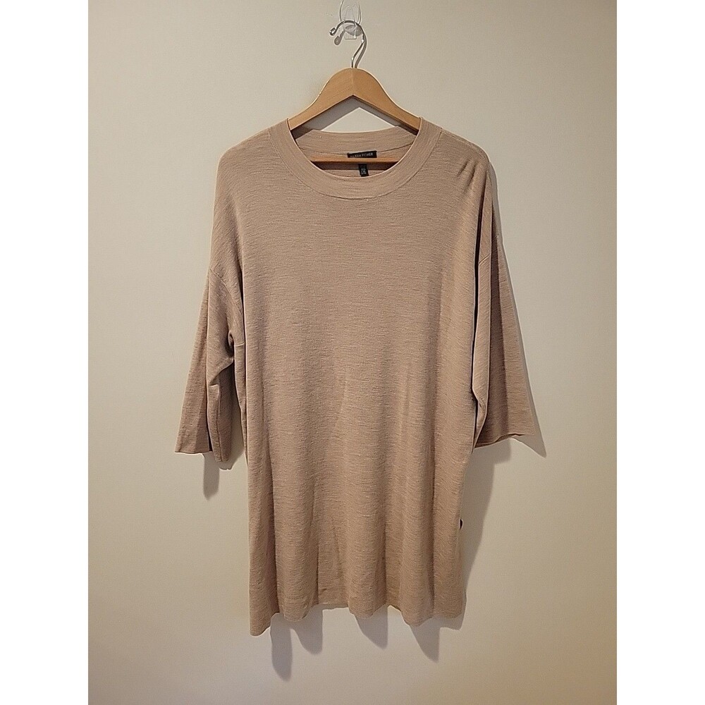 Eileen Fisher Tunic Sweater Size L/XL Boxy 3/4 Sleeve Fine Merino Wool Tan Beige